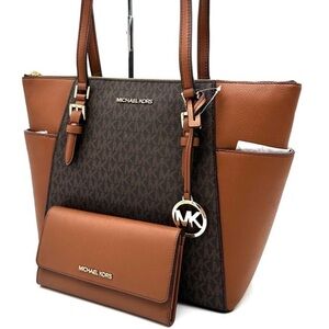 Michael Kors Large Charlotte Tote Bag & Trifold Logo Wallet Luggage/Brown